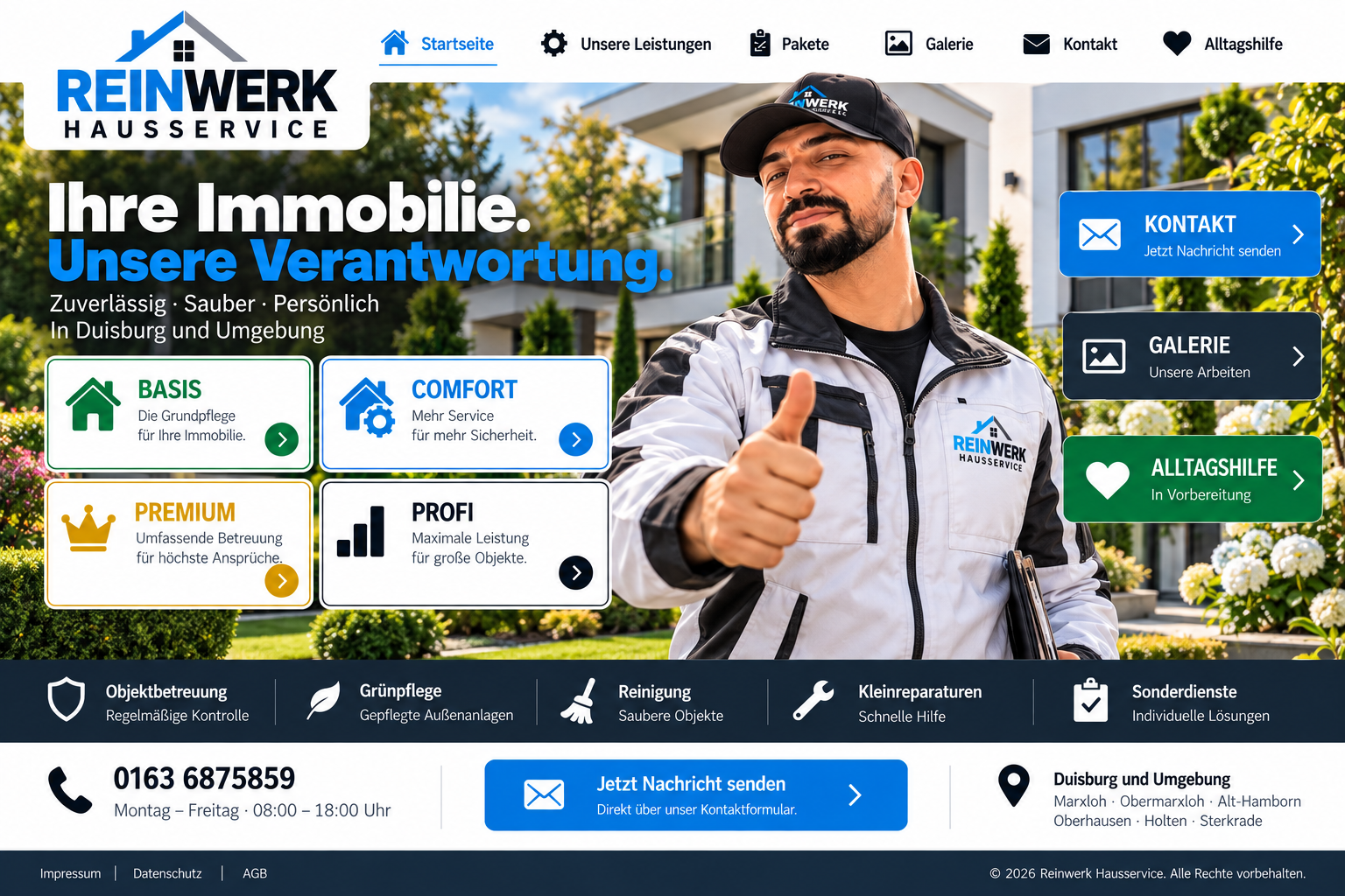 Reinwerk Hausservice. Ihre Immobilie. Unsere Verantwortung. Zuverlässig, sauber, persönlich. Atila in Arbeitskleidung vor einem gepflegten Wohnhaus.